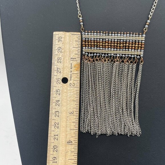 Beaded Tassel Fringe Pendant Chain Necklace Silver and Gold Tone 22 Inches - Picture 5 of 5